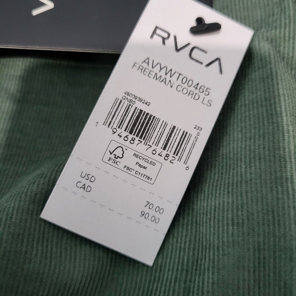 RVCA Freeman Cord Green Long Sleeve Size Small - Picture 6 of 8